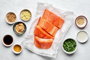 salmon, ginger, miso paste, sesame oil, soy sauce, seasoned rice vinegar, brown sugar, sesame seeds and green onions