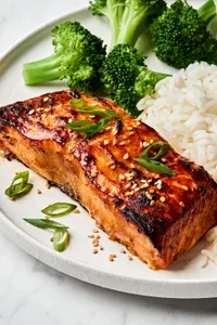 miso glazed salmon topped with green onions and sesame seeds served on a plate with white rice and steamed broccoli