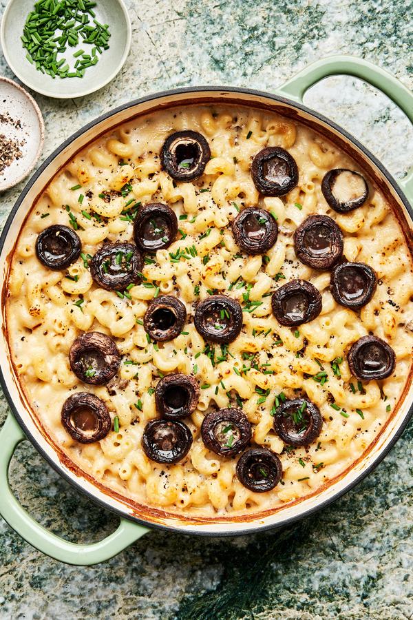 homemade mushroom mac and cheese in a large braiser