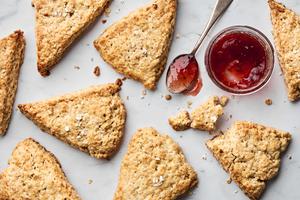homemade oat scones being served with jam