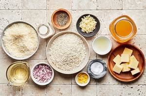 stock, butter, shallot, garlic, arborio rice, white wine, lemon zest & juice, cream, parmesan, salt & pepper in prep bowls