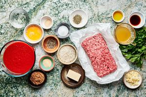 ground beef, egg, spices, Worcestershire, olive oil, tomato sauce, stock, butter & brown sugar in prep bowls