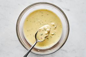 Creme Fraiche vinaigrette made with sherry vinegar, shallot, thyme, mustard, honey, Creme Fraiche, olive oil and salt