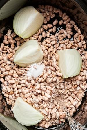 lard, salt, taco seasoning, onion, pinto beans and water in a slow cooker