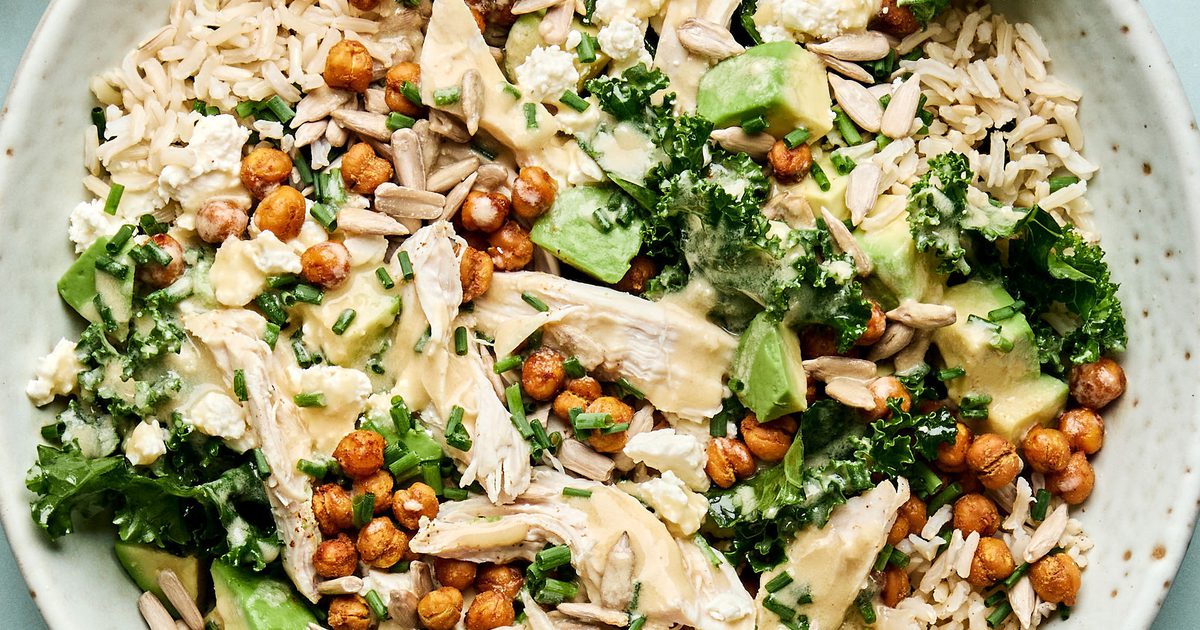 Tahini Rice Rice Bowl With Chicken, Kale and Creamy Tahini Dressing | The Modern Proper