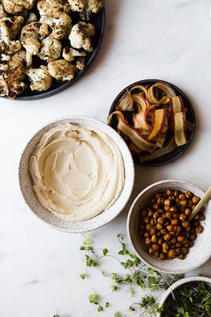 Roasted Cauliflower, Hummus, crispy chickpeas, mint and carrots