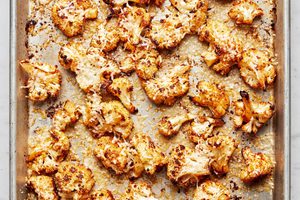 roasted cauliflower florets seasoned with salt, garlic powder, smoked paprika & red pepper flakes sprinkled with parmesan