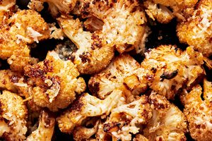roasted cauliflower seasoned with olive oil, salt, garlic powder, smoked paprika, red pepper flakes, and grated Parmesan