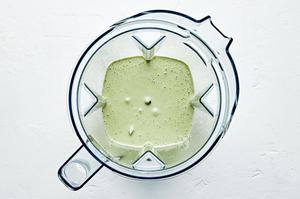 serrano mint salad dressing in a blender made with anchovies, egg yolks, lemon zest & juice, mustard, spices & parmesan,