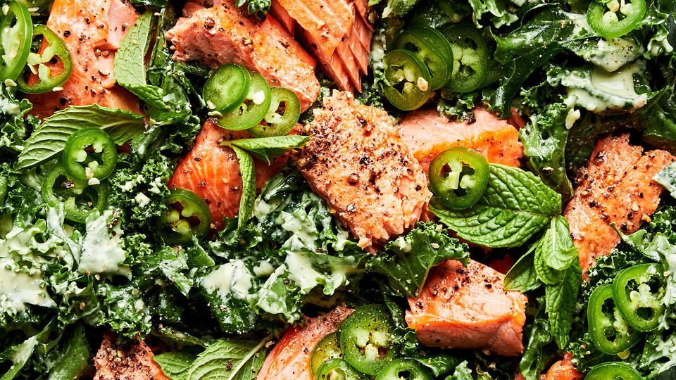 Serrano Mint Kale Salad with Salmon