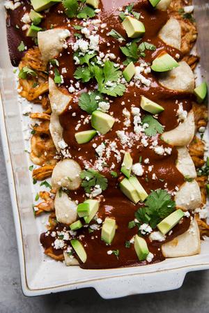 easy Chicken Mole Enchiladas with avocado quest fresco and avocado
