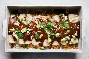 easy Chicken Mole Enchiladas with avocado quest fresco and avocado