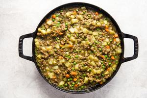 peas, carrots potatoes and curry filling for a lamb pot pie