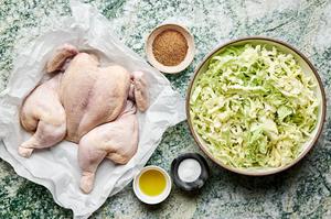 whole chicken, salt, olive oil, taco seasoning and shredded cabbage in prep bowls