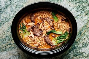 Slow Cooker Curry Beef Ramen made with beef, ramen, mushrooms and bok choy in a slow cooker