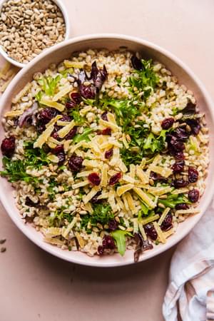Spring Barley Salad with lemon chive vinaigrette dried cranberries and sunflower seeds