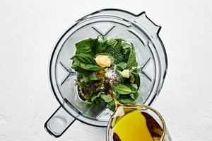 olive oil, balsamic, lemon juice, garlic, mustard, basil, mint, honey, salt, and pepper in a blender