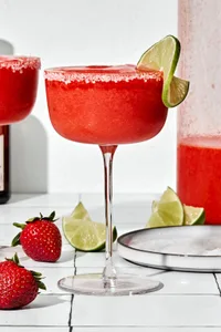 a blended strawberry margarita in a salt rimmed glass garnished with a lime slice