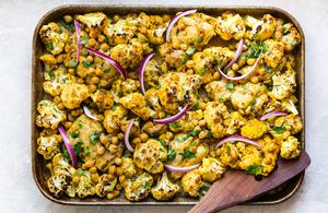 Tandoori Chicken Sheet Pan dinner with cauliflower, and chickpeas