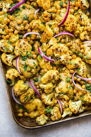 Tandoori Chicken Sheet Pan dinner with cauliflower, and chickpeas