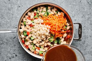 shredded carrots and homemade teriyaki sauce being added to cooked chicken, broccoli and red pepper in a skillet