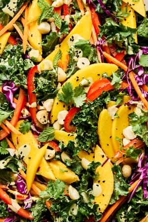 tropical kale salad made with  mango, red cabbage, mint, cilantro, bell pepper, carrots, macadamia nuts and creamy dressing