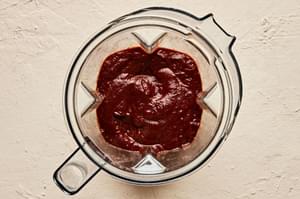 soaked chiles, soaking liquid and garlic mixed together in a blender