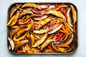 vegan Portobello Mushroom Fajitas on a sheet pan