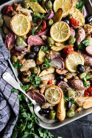 Olive bar sheet pan chicken