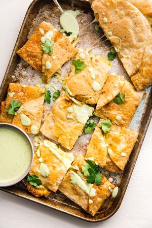 cheese and avocado sheet pan quesadilla with jalapeño ranch