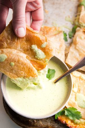 cheese and avocado sheet pan quesadilla with jalapeño ranch