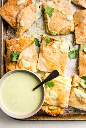 cheese and avocado sheet pan quesadilla with jalapeño ranch