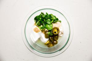 ingredients for jalapeno ranch, mayonnaise, sour cream, cilantro and spices