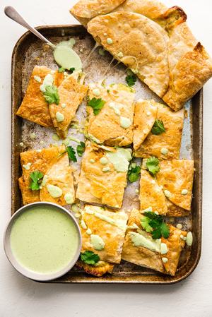 cheese and avocado sheet pan quesadilla with jalapeño ranch